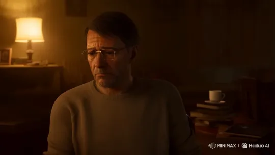 Middle-Aged Man Reflects in Cozy, Dimly Lit Room – AI Generated Video | Hailuo AI