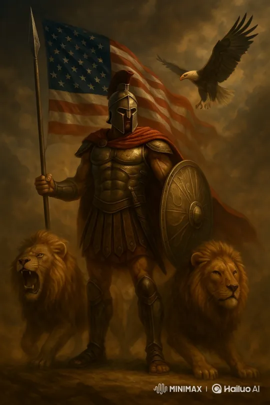 Epic Warrior with Lions and American Flag Panorama – AI Generated Video | Hailuo AI