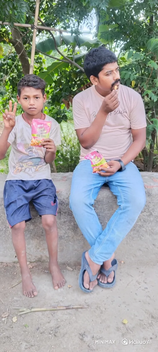 Young Boy and Man Share Peace Sign and Snacks in Nature – AI Generated Video | Hailuo AI