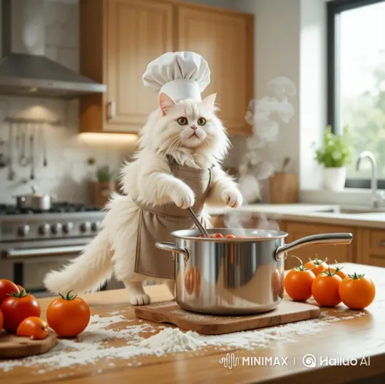 Fluffy Cat Chef Cooks with Determination – AI Generated Video | Hailuo AI