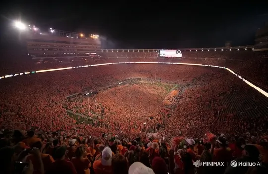 Massive Stadium Crowd Forms Heart in Orange Celebration – AI Generated Video | Hailuo AI