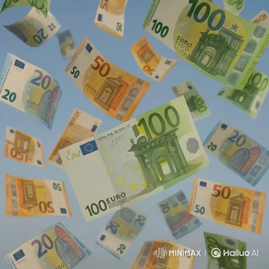 Visualize the description as a sequence of images:
1. **Initial Static Scene**: A still shot of numerous Euro banknotes (20, 50, and 100 Euro denominations) scattered at various angles and distances against a plain, light blue background. The notes are i – AI Generated Video | Hailuo AI