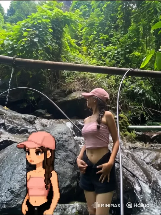 Young Woman and Pixel Character in Lush Jungle Stream – AI Generated Video | Hailuo AI