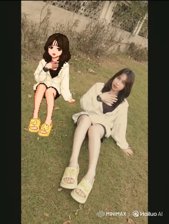 Young Woman and Pixel Art Character Relax on Lawn – AI Generated Video | Hailuo AI