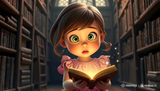Animated Girl Enchanted by Magical Book in Library – AI Generated Video | Hailuo AI