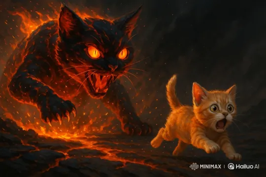 Giant Lava Cat Pursues Terrified Kitten in Volcanic Landscape – AI Generated Video | Hailuo AI