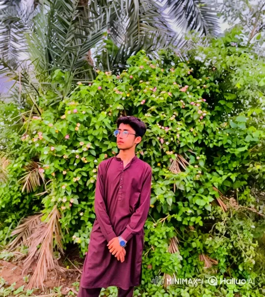 Young Man in Maroon Traditional Attire Amidst Lush Greenery – AI Generated Video | Hailuo AI