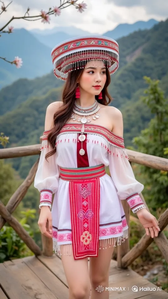 Young Woman in Ornate Attire Admires Mountain View – AI Generated Video | Hailuo AI