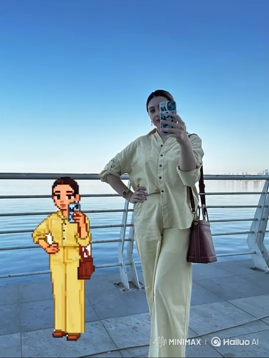 Woman and Pixel Selfie: Real vs. Digital Contrast – AI Generated Video | Hailuo AI