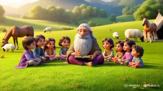 Wise Old Man Tells Tale to Children in Pastoral Setting – AI Generated Video | Hailuo AI