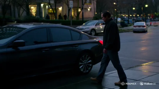 Man Approaches Sedan on Dusk-Lit City Street – AI Generated Video | Hailuo AI