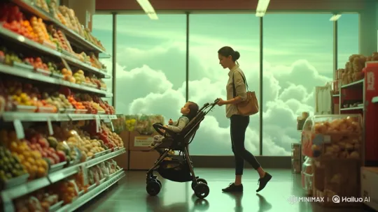 Mother, Baby, and the Winged Horse in Sky supermarket – AI Generated Video | Hailuo AI