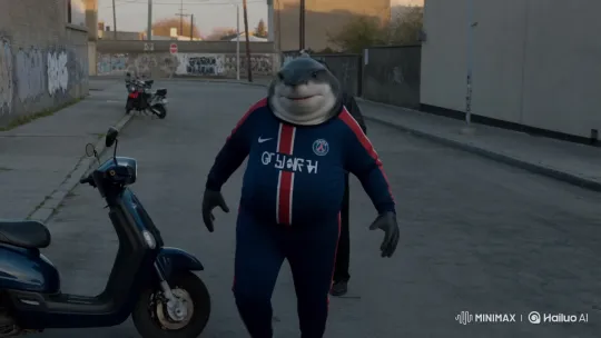 Anthropomorphic Shark in PSG Tracksuit Vlogs, Slaps Stranger – AI Generated Video | Hailuo AI