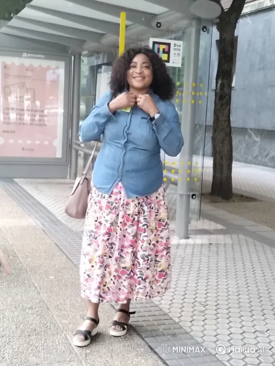 Woman Smiling at Bus Stop in Modern Shelter – AI Generated Video | Hailuo AI