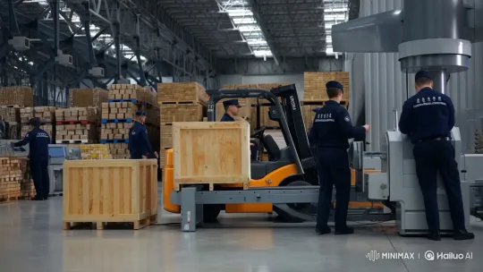 Russian Customs Officers Process Cargo in Modern Warehouse – AI Generated Video | Hailuo AI