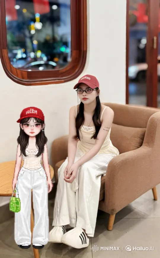 Young Woman and Her Static Avatar in Soft-Lit Room – AI Generated Video | Hailuo AI