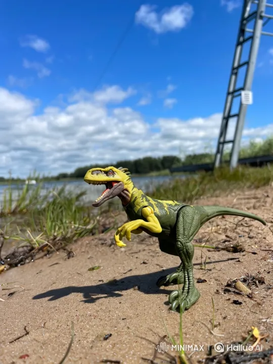 Carnivorous Dinosaur Runs Along Sandy Lakeside Shore – AI Generated Video | Hailuo AI