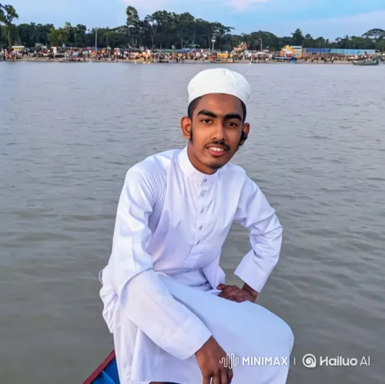 Young Man on Boat Amidst Serene Water and Sky – AI Generated Video | Hailuo AI