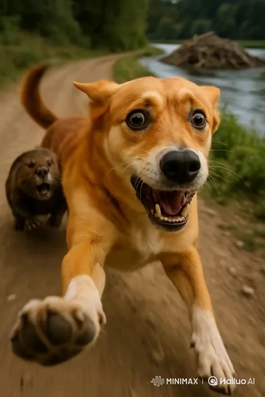 Beaver Pursues Orange Husky by Dam - Ultra-Realistic 8K Scene – AI Generated Video | Hailuo AI