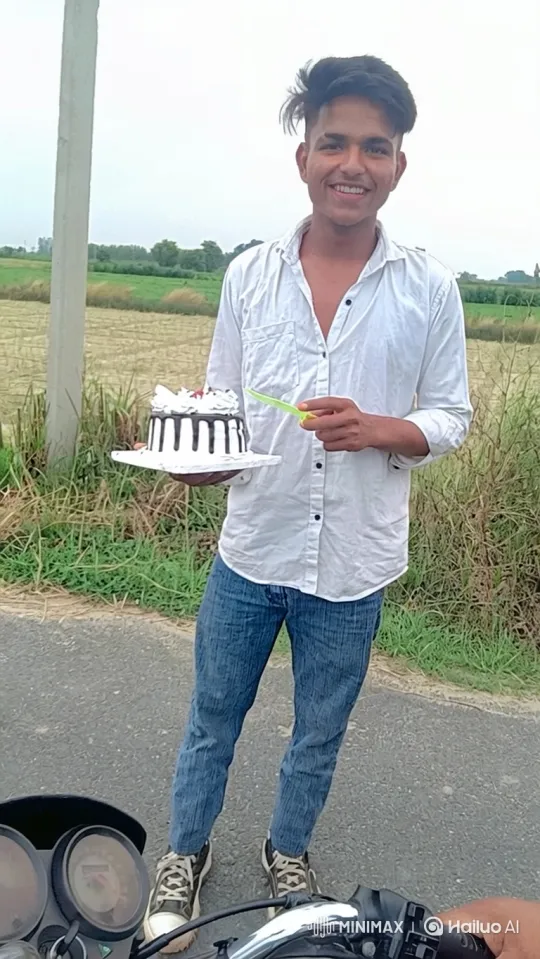Young Man Celebrates Birthday with Cake on Rural Road – AI Generated Video | Hailuo AI