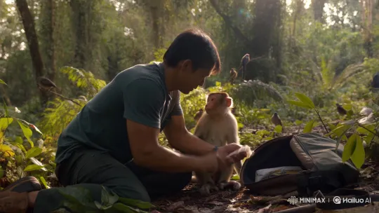 Kind-Hearted Man Tends to Injured Monkey in Jungle – AI Generated Video | Hailuo AI