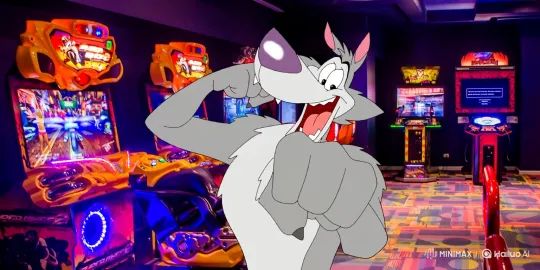 Buff Wolf Showcases Strength in Vibrant Arcade Setting – AI Generated Video | Hailuo AI