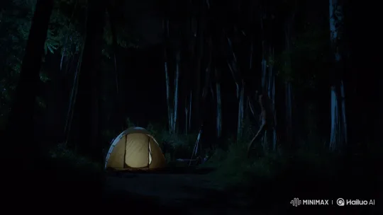 Shadow Figure Approaches and Vanishes at Night Campsite – AI Generated Video | Hailuo AI