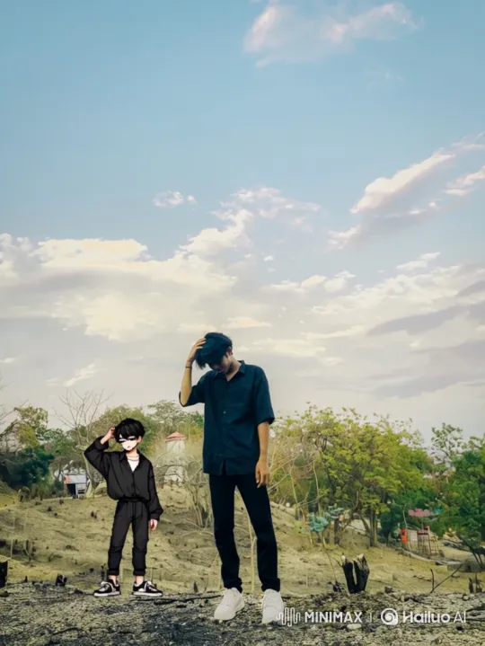 Young Man and Pixelated Clone Pose in Cinematic 180-Degree Orbit Shot – AI Generated Video | Hailuo AI