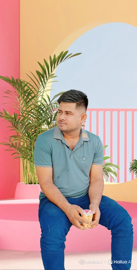 Man Reflects on Pink Bench Amidst Artistic Setting – AI Generated Video | Hailuo AI