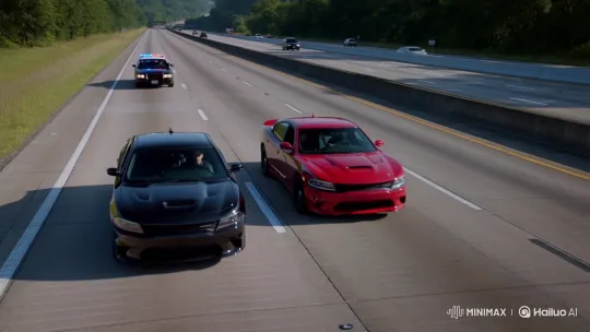 Dodge Chargers Use Oil Spill to Evade Police Chase – AI Generated Video | Hailuo AI