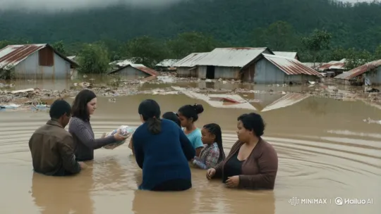 Compassionate Woman Distributes Aid in Flooded Village – AI Generated Video | Hailuo AI