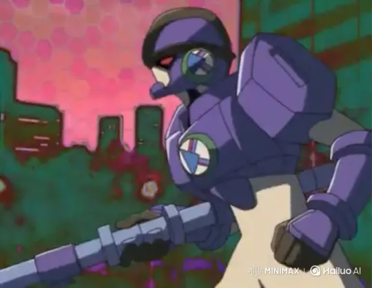 Purple Armored Figure Uses Phone Against Pink Sky – AI Generated Video | Hailuo AI