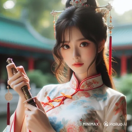 Young Woman in Courtyard with Sword, Steady Gaze – AI Generated Video | Hailuo AI