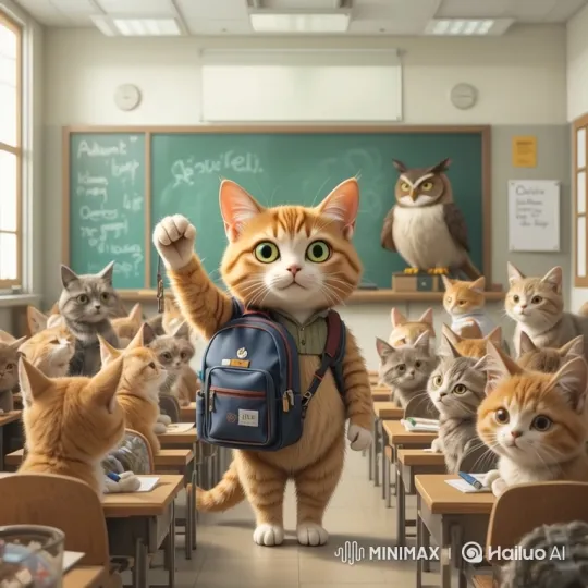 Whimsical Classroom: Eager Cat Awaits Teacher's Call – AI Generated Video | Hailuo AI