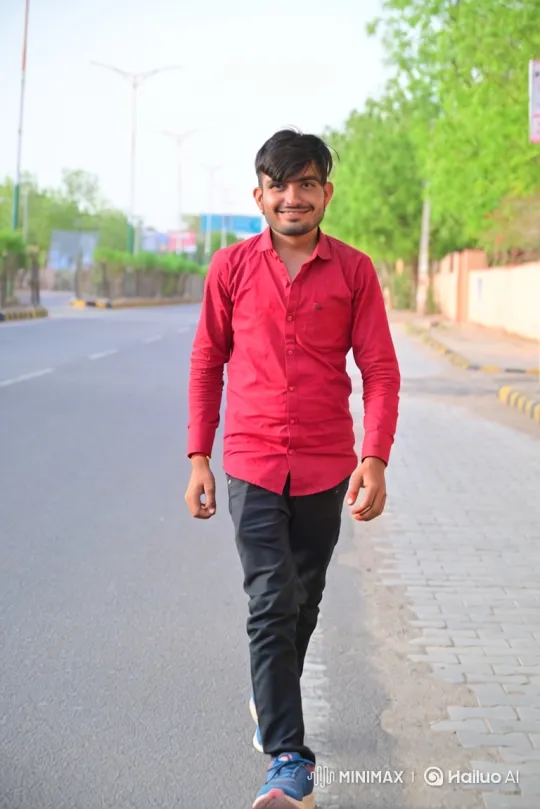 Young Man Smiles, Walks Confidently Down Tree-Lined Street – AI Generated Video | Hailuo AI