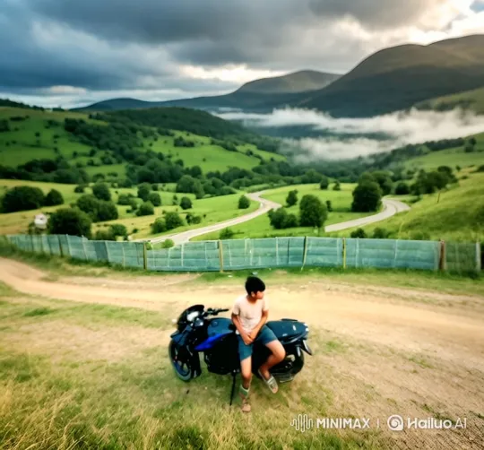 Young Man Transitions from Motorcycle to SUV in Scenic Overlook – AI Generated Video | Hailuo AI