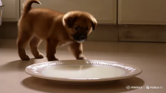 Puppy Smiles After Falling Into Milk Plate – AI Generated Video | Hailuo AI