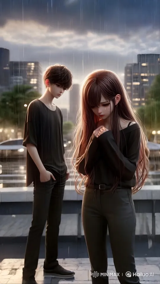 Sorrowful Couple Amidst Rainy Cityscape Departure – AI Generated Video | Hailuo AI