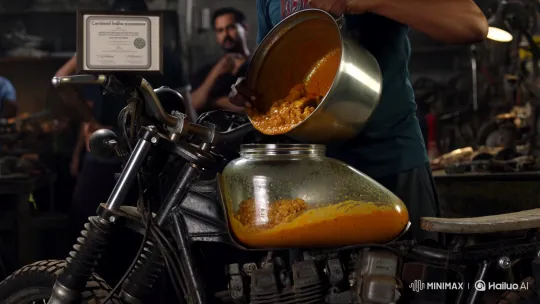 Motorcycle Refueled with Chicken Tikka Masala in Workshop – AI Generated Video | Hailuo AI