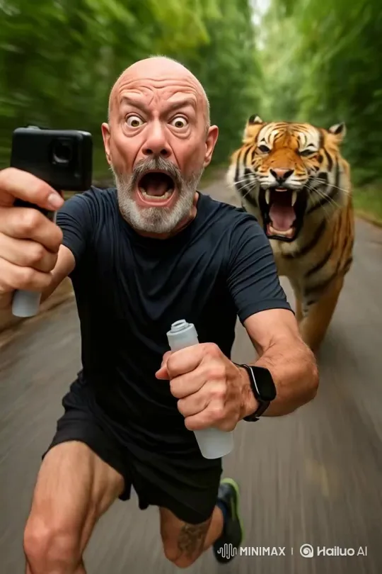 Man Running with Tiger Chase Imagery – AI Generated Video | Hailuo AI