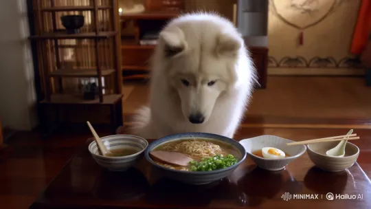 Fluffy Samoyed Enjoys Ramen at Cozy Table – AI Generated Video | Hailuo AI