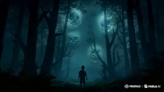 Young Boy Explores Haunted Forest with Floating Skulls – AI Generated Video | Hailuo AI