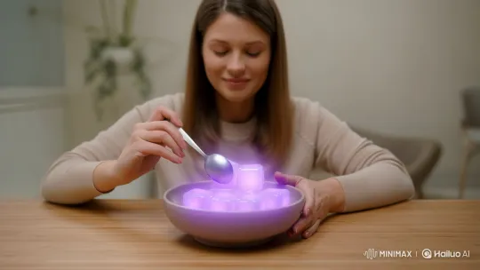 Person Savors Glowing Molten Cubes at Table – AI Generated Video | Hailuo AI