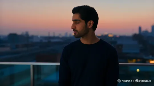 Contemplative Man on City Balcony at Twilight – AI Generated Video | Hailuo AI