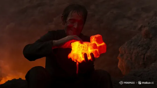 Person Serenely Eats Glowing Lava Cubes in Dark Cave – AI Generated Video | Hailuo AI
