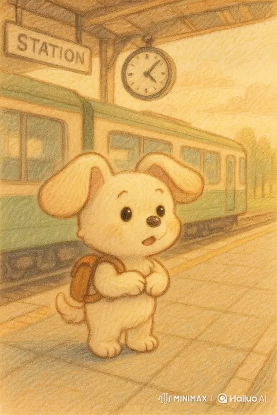 Cute Puppy Awaits Train at Golden-Hour Station – AI Generated Video | Hailuo AI