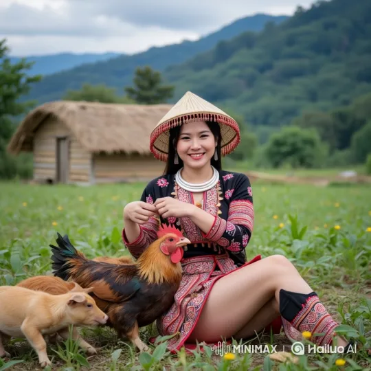 Rural Serenity: Young Woman, Rooster, and Piglet in Meadow – AI Generated Video | Hailuo AI