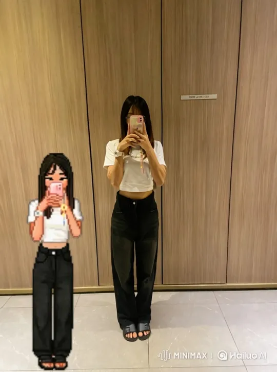 Young Woman and Pixel Selfie in Modern Room – AI Generated Video | Hailuo AI