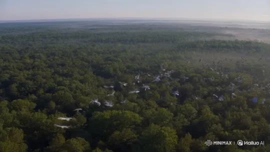 Birds Soar Over Misty Morning Forest Canopy – AI Generated Video | Hailuo AI