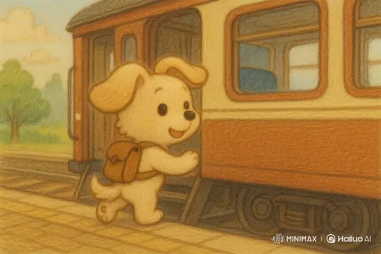 Golden-Furred Puppy Boards Vintage Train at Station – AI Generated Video | Hailuo AI